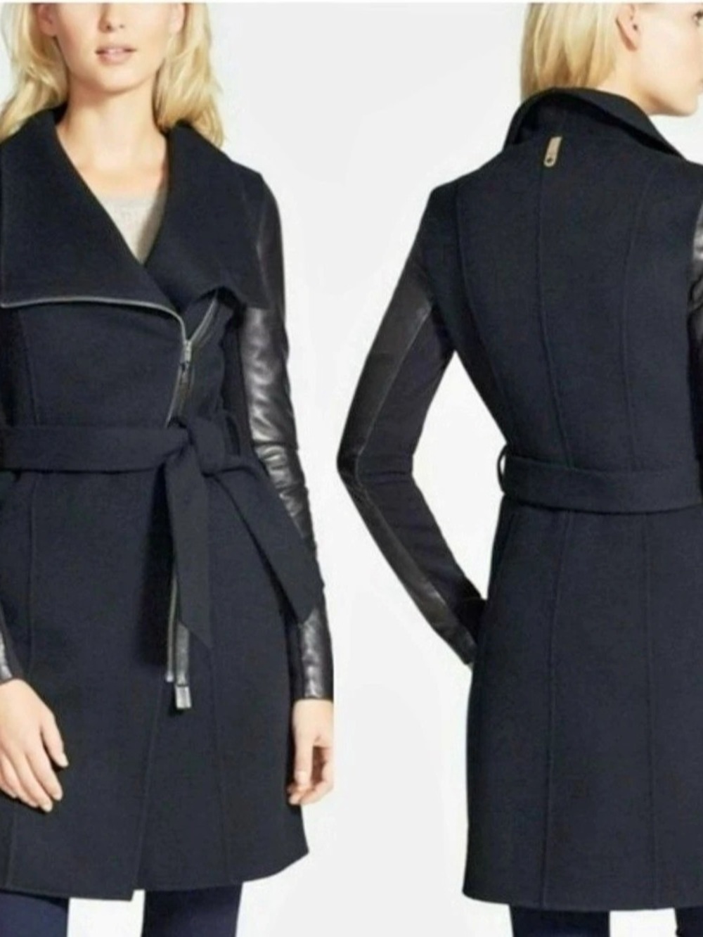 Mackage Hemy Black Leather Sleeve Wrap wool Coat Size XS Like New